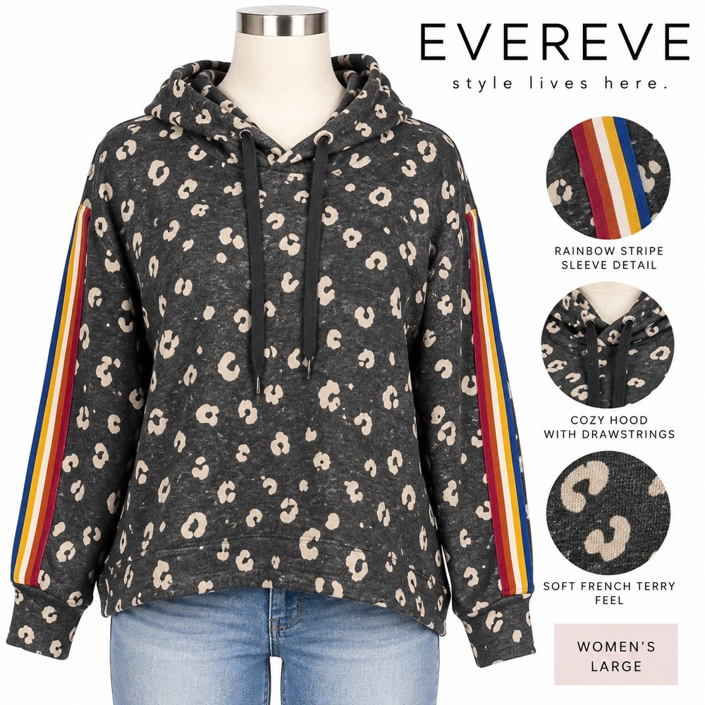 Evereve Leopard Print Rainbow Stripe French Terry Hoodie Gray Large